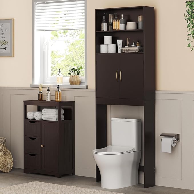 Yaheetech Over The Toilet Storage, Taller Bathroom Organizer Space-Saving Storage Cabinet with Adjustable Shelves and Double Doors, 77 in H, Espresso