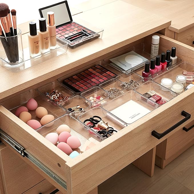 Masirs Clear Drawer Organizer Set - 25 Piece Plastic Storage Bins for Desk, Bathroom, Kitchen, Vanity - Modular Tray System for Makeup, Office Supplies, and Small Item Organization