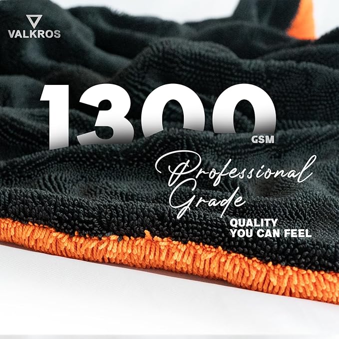 VALKROS X- Large Car Drying Towel, 36x24 Microfiber Towels for Cars, 1300 GSM, 70/30 Blend, Dual-Sided Highly Absorbent Twisted-Loop Edgeless Car Detailing Cloth, Scratch/Streak-Free [Orange/Black]
