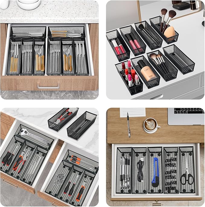 Neudeco Silverware Organizer,Mesh Drawer Organizer for Kitchen，Metal Utensil Organizer for Flatware, Knives, Spoons,Cosmetic (Black 9 * 3 * 2 inch Pack12)