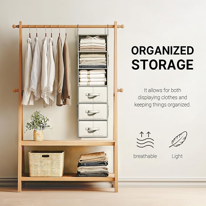 Vailando 6-Shelf Hanging Closet Organizer with 3 Drawers, 6-Shelf Inseparable Closet Organizers and Storage for Wardrobe Organization, Hanging Dresser for Nursury & Dorm Clothes Organizer, Beige