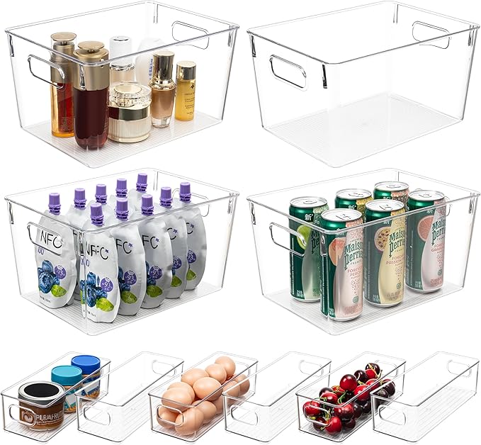 Tiawudi Set of 10 Clear Plastic Storage Bins, 4 Large and 6 Small Stackable Storage Containers for Pantry Organization, Organizer Bins for Home, Kitchen, Bathroom, Office, Cabinet Shelf Organizers