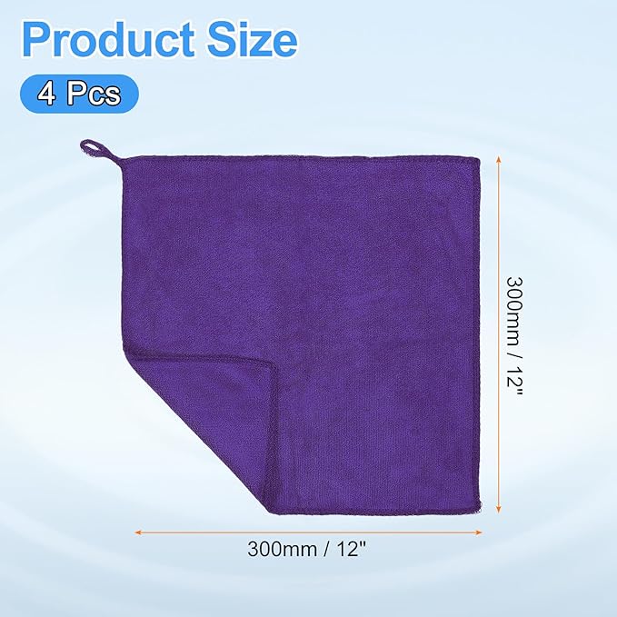 HARFINGTON 4 Pack Microfiber Cleaning Cloth, 12" x 12" Multi-Functional Cleaning Towels Reusable Absorbent Rags with Hook for Car Wash Kitchen Household Window Clean, Purple