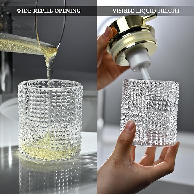 Foaming Glass Soap Dispenser,Hand Foam Soap Dispenser for Kitchen & Bathroom-2 Pack（B-Type Clear Glass/Gold Pump）