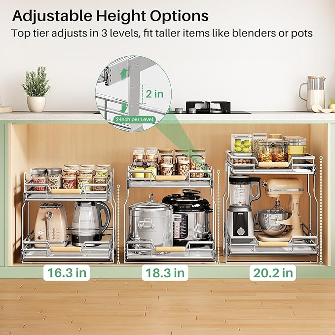 Pull out Cabinet Organizer, 2 Tiers 23"W X 21"D, Heavy Duty Smooth Sliding Under Cabinet Shelves for Pots and Pans, Full-Extension Roll out Drawers, Slide out Organization for Home Kitchen Pantry