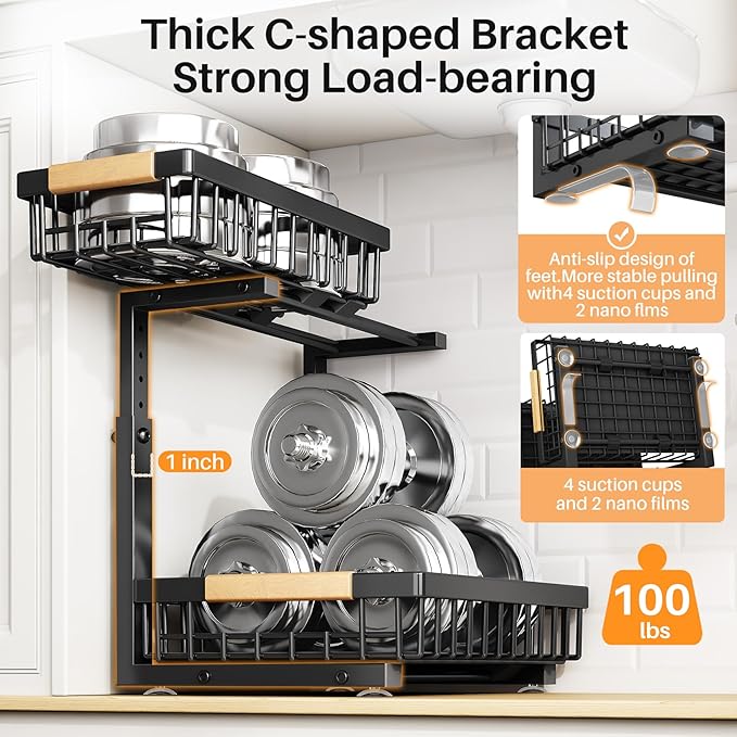 PXRACK 1 Pack Under Sink Organizer,Adjustable Height,2 Tier Pull Out Under Cabinet Organizer,Slide Out Thickened Metal Under Sink Storage for Kitchen Bathroom Laundry Cabinet Pantry,Black