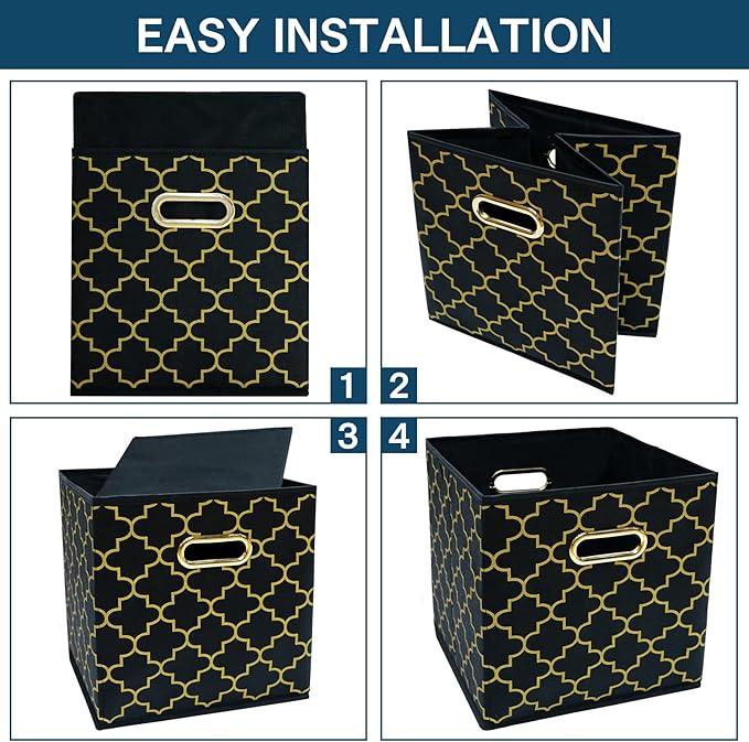 Fabric storage bins Cubes, Fabric Cube Organizer with Handle, Foldable Cube Bins for Cloth or Accessary Storage, 11x11x11, Set of 3, (Black Gold)