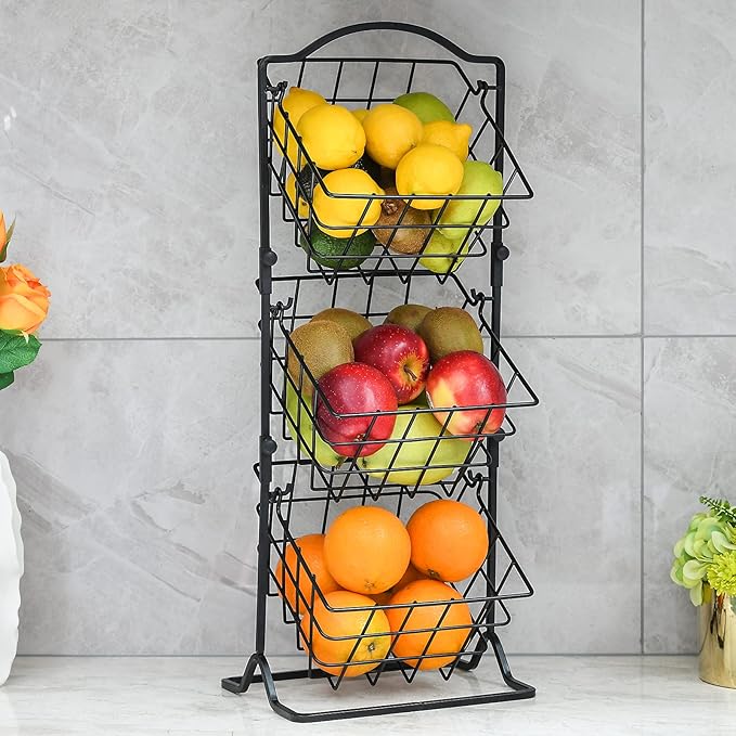 Wetheny 3-Tier Fruit Basket Fruit Bowl for Kitchen Counter or Floor - Fruit Holder Produce Basket for Vegetables and Snacks -Metal Market Storage Stand