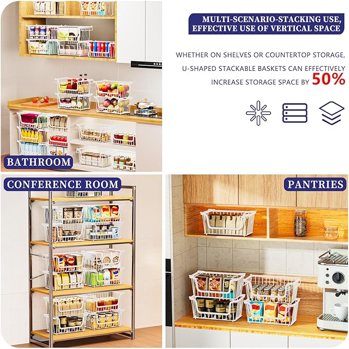 5 Pack Enhanced Leak-Proof Bottom Stackable Wire Baskets, Pantry Organizers and Storage, pantry storage，Shelf Baskets, Fruit Basket, Potato and Onion Storage Bins，(White)