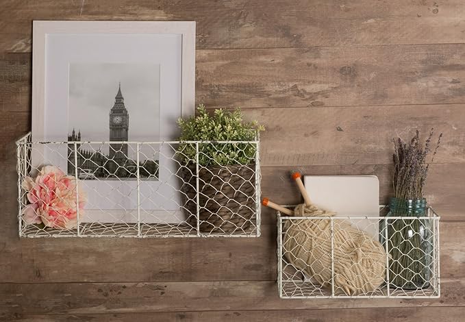 DII Chicken Wire Collection Farmhouse Vintage Wall Baskets, Medium Basket, White