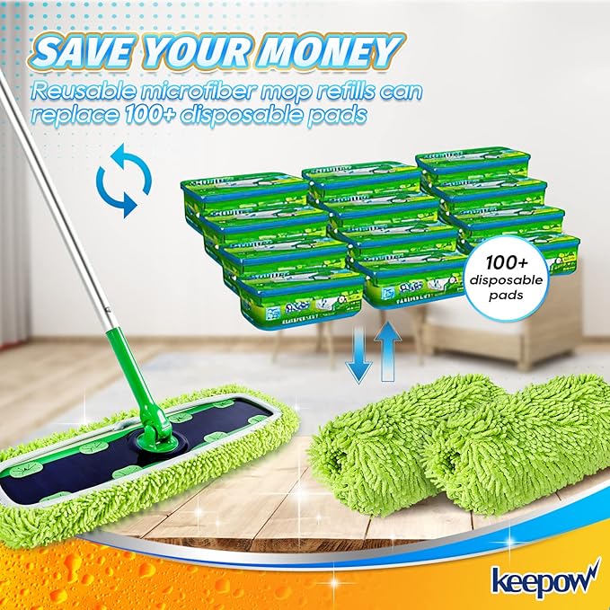 KEEPOW Reusable XL Wet Pads Refills for Swiffer XL Mop Sweeper, X-Large Dry-Sweeping / Wet-Mopping Microfiber Cloths for Surface/Hardwood Floor Cleaning, 2 Pack