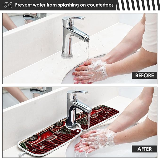 2 Pack Faucet Splash Catcher Red Truck Plaid Christmas Tree Sink Mat for Faucet Absorbent Kitchen Splash Guard Drip Catcher for Farmhouse Barthroom Bar, L