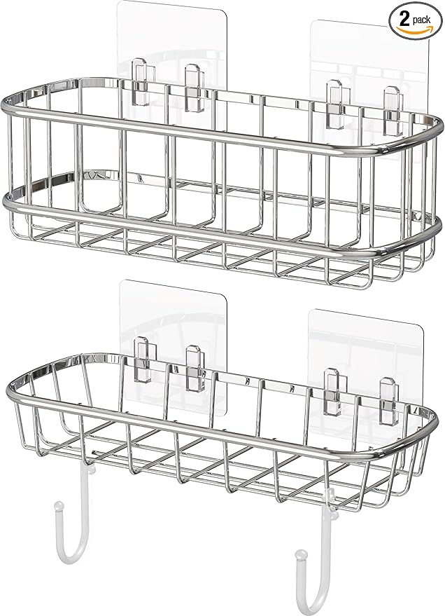 Simple Houseware Bathroom Adhesive Wall Mount Standard Shower Caddy w/Hooks, Chrome, 2 Pack