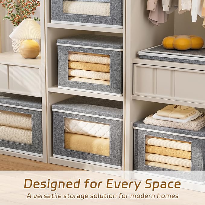 4-Pack Storage Bins with Lids, Fabric Collapsible Closet Storage Bins with Clear Window Large Storage Boxes with Handles Closet Organizers for Shelves, Wardrobe, Grey, 17"X11.8"×11.8"