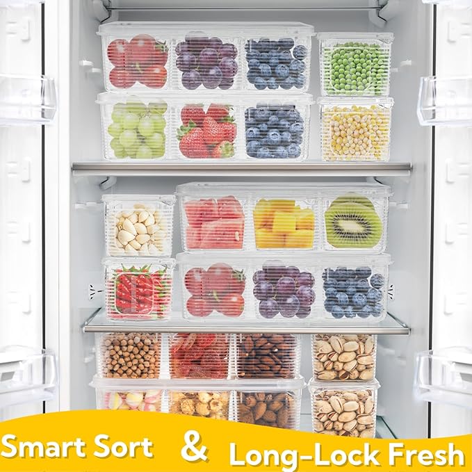 4 Pack Salad Bar Container for Fridge, Plastic Food Storage Organizer with Lid, Stackable Refrigerator Bins with 24 Individual Removal Boxes, Reusable Meal Prep Container for Fruit, Vegetable