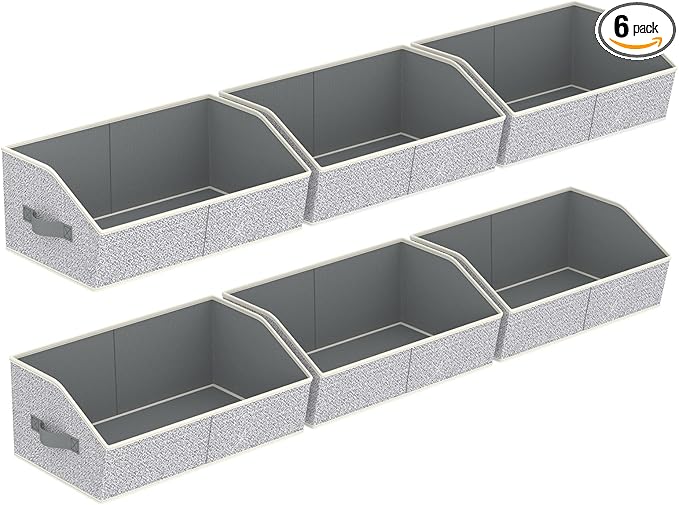Storage Bins for Shelves - Large Trapezoid Closet Shelf Organizer, Fabric Organization Bins with Handles, Storage Baskets for Clothes, Towel, Purse, 6 Pack, Light Gray