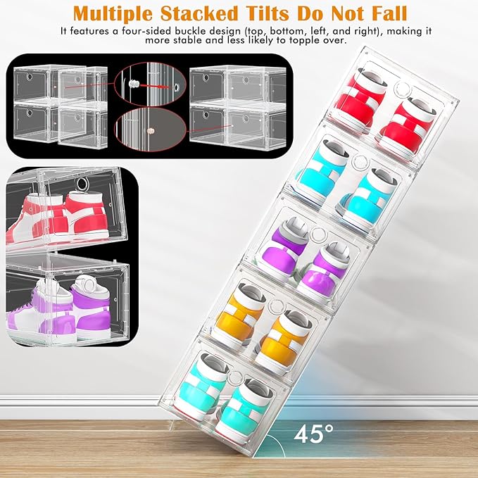 ARSTPEOE 12 Pack Upgrade Harder Shoe Organizer, Shoe Storage with Magnetic Front Door, Clear Shoe Boxes Foldable Space-Saving Shoe Rack for Sneaker Boot Container, White