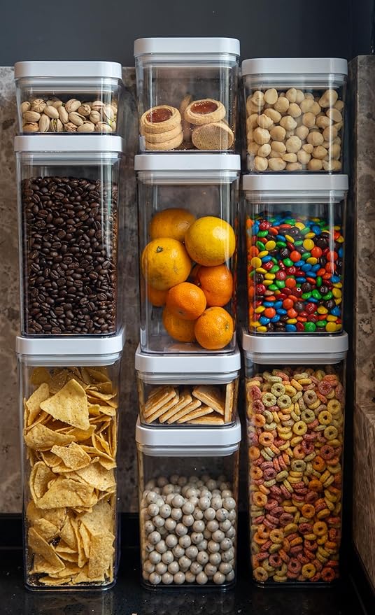 Amazon Basics Airtight Food Storage Containers, BPA Free, with Twist/Turn Lids, for Kitchen Pantry Organization, 10-Piece Square Set, Clear Plastic