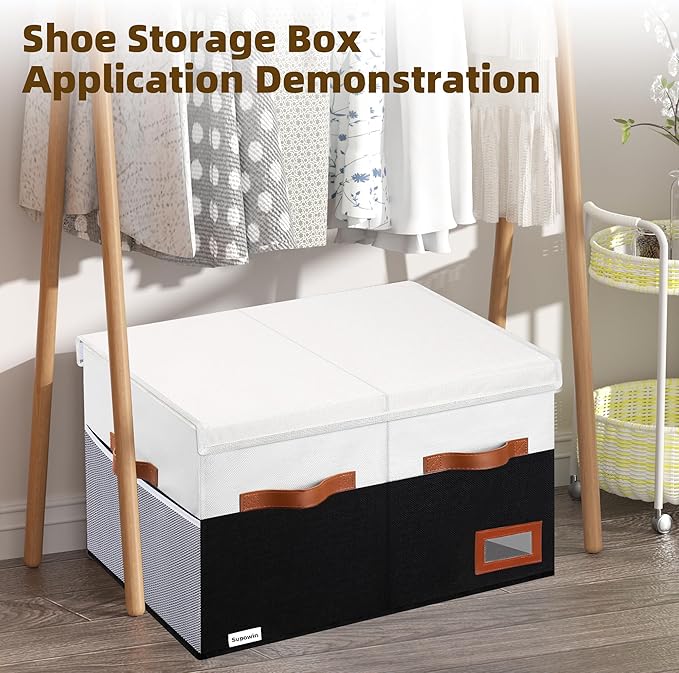 Shoe Organizer for Closet, Foldable Shoe Storage Bins with Lid & Adjustable Dividers, Fabric Shoe Box Storage Containers with Four Reinforced Handles, Fits 20 Pairs, 1 Pack, Black & White