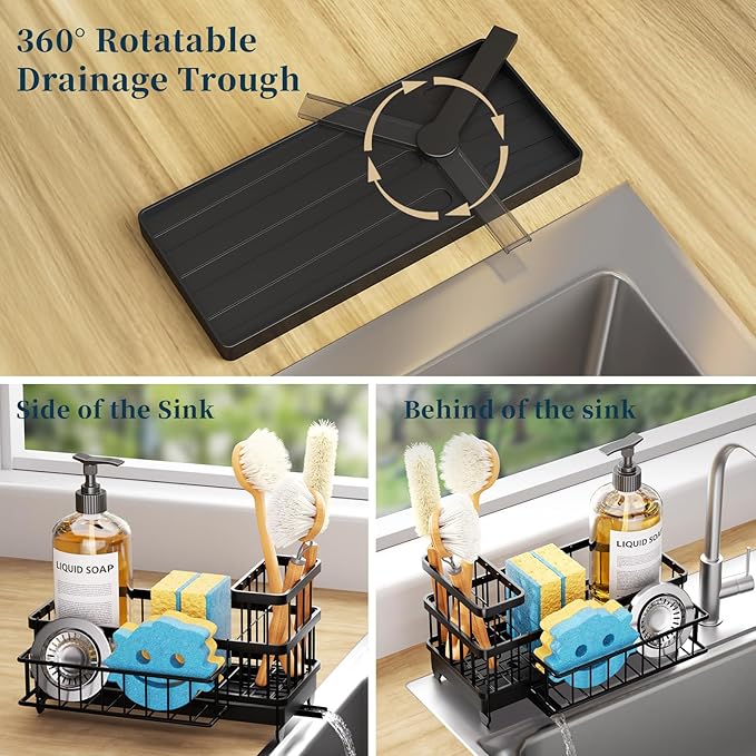 Consuemst Sponge Holder for Kitchen Sink - Auto Draining Sink Caddy Organizer with Detachable Rack, High Brush Holder, Kitchen Countertop Storage Accessories, Black