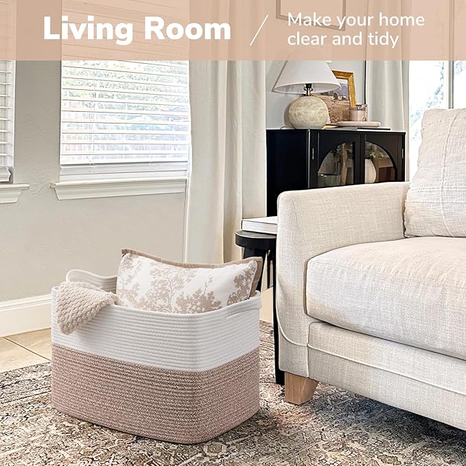 Goodpick Woven Baskets for Organizing, Rectangle Toy Baskets Storage Kids, Rope Storage Basket with Handles, Large Blanket Basket for Living Room, 18 x 14 x 12 Inches