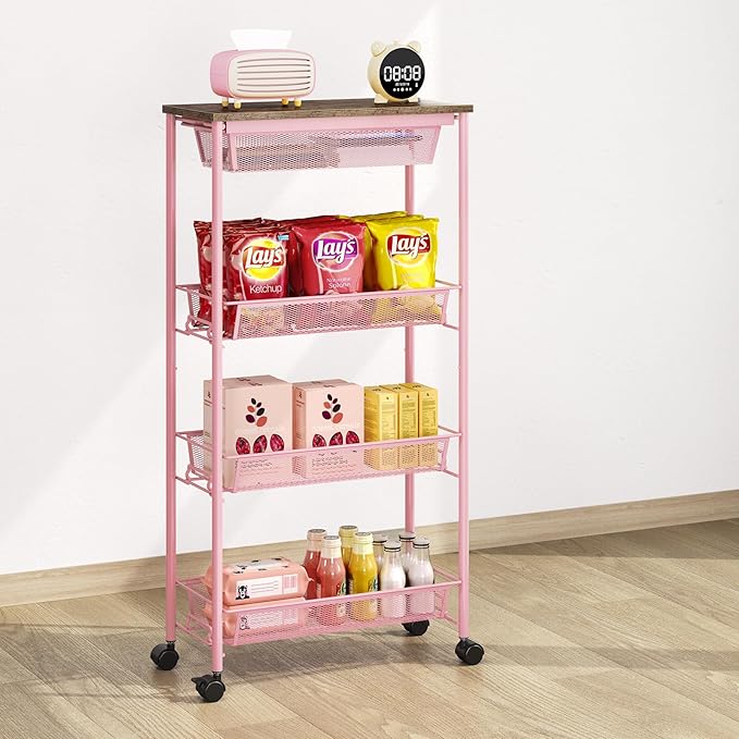 KINGRACK 4-Tier Slim Storage Cart, Metal Rolling Cart, Organizer with Wooden Tabletop and Drawer Basket, Mobile Shelving Unit for Kitchen, Bathroom, Laundry Room, Pink