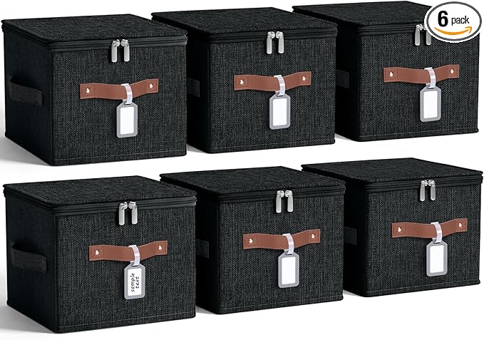 Fiwochic 6 Pack Fabric Storage Bins with Lids, 15x10x10Inch Foldable Cotton Linen Storage Boxes with PU Leather Handles and Label Holders for Closet, Bedroom, Shelf, Nursery, Black