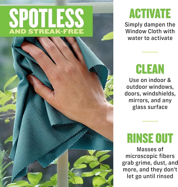 E-Cloth Window Cleaning Cloth - Eco Packaging - Glass Cleaning Cloth, Streak-Free Windows with Just Water, Microfiber Towel Kit for Windows, Car Windshield, Mirrors - Winter Green