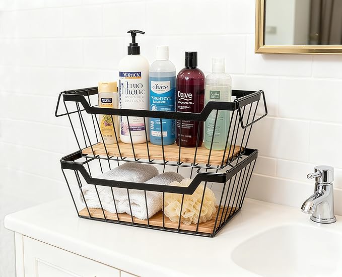 Metal Wire Basket with Handles Storage Organizer Stackable Organizing bins for Cabinet Shelf Countertop Under Sink Pantry for Kitchen,Bathroom,Laundry Closet,Set of 2pcs