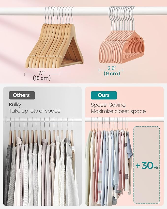 SONGMICS Baby Hangers 50 Pack, 11 x 6.9 Inches, Non-Slip Velvet Kids Hangers for Closet, Space-Saving, Wide Shoulder Notches, Coral Pink UCRF037R01
