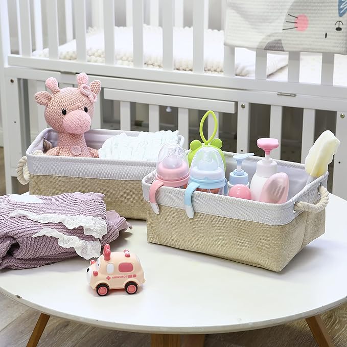 Sea Team 3-Pack Small Storage Basket Set, Storage Cube Organizer, Storage Bins, 12 x 8 x 5 Inches, Rectangle Canvas Fabric Collapsible Shelf Box with Handles for Kids Room (Beige/White)