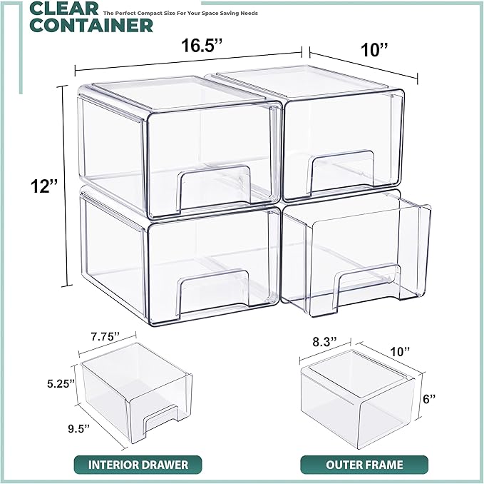 Sorbus Large Clear Stackable Storage Drawers 4-Pack Plastic Organizer Bins with Handles Pull-Out Drawers for Bathroom Closet, Medicine, Cabinet, Pantry Storage, Baby Bottle Organizer