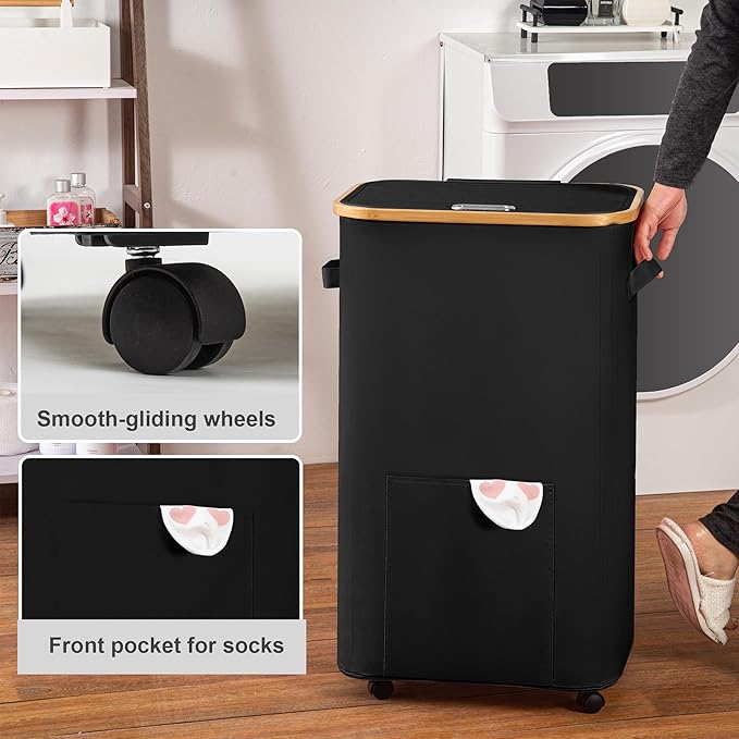 Laundry Basket with Wheels, Tall Dirty Clothes Hamper on Wheels, Rolling Laundry Hamper with lid for Dorm, Bedroom and Bathroom (Black, 100L)