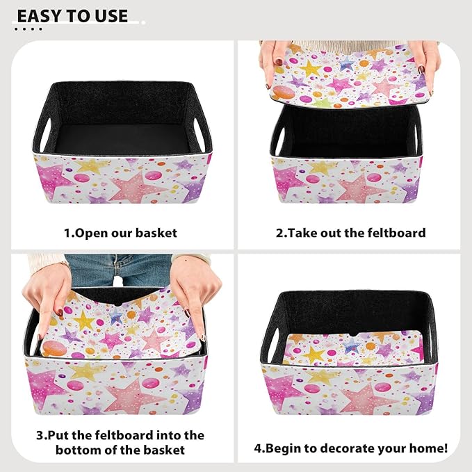 Watercolor Stars and Dots Closet Storage Bins 2 Pcs Felt Open Home Storage Containers Organizer with Handles Collapsible Shelf Basket for Home Office Craft Room Classroom Fabric
