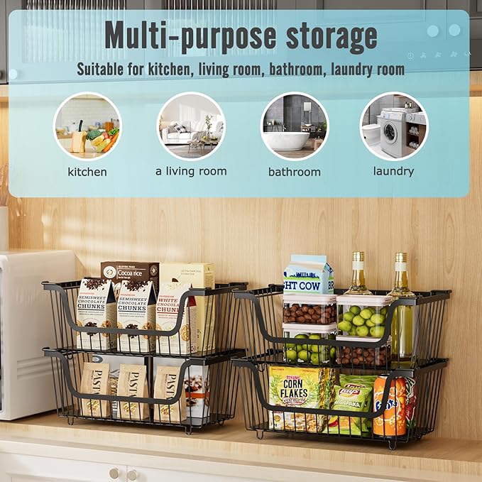 6 Pcs Stackable Wire Baskets for Pantry Organizers and Storage,Vegetable Fruit Basket for Countertop,Kitchen Storage Metal Baskets,Produce Potato Onion Storage Bin,Black