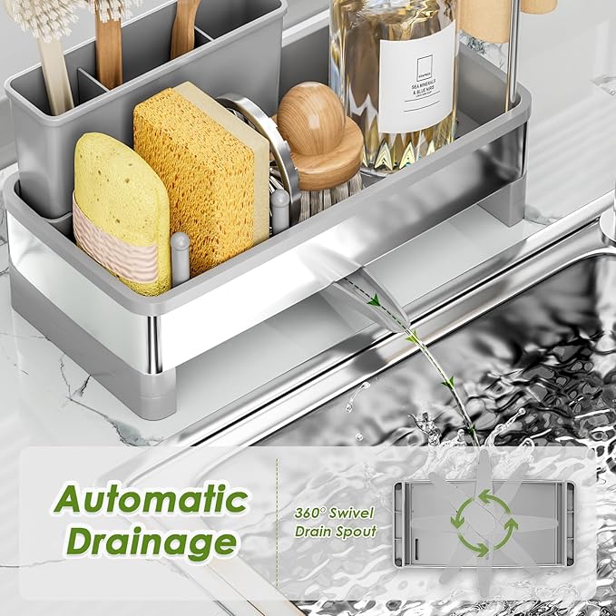 Ewaiira Stainless Steel Sink Caddy, Sponge Holder for Kitchen Sink with Brush Holder & Dishcloth Rack, Rustproof Sink Organizer Countertop, Soap Dispenser Kitchen Organizers Storage Essentials (Gray)