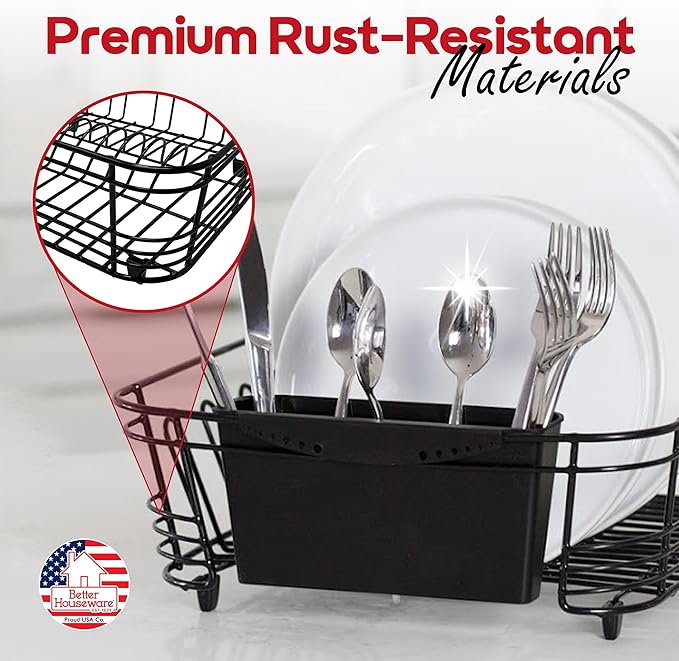 Better Houseware in Sink Dish Drying Rack, Dish Drying Rack in Sink with Non-Slip Handles, Stainless Steel Space-Saving Design, 2-Piece Set with Utensil Holder, 14.5 x 13 x 5 Inch, Black