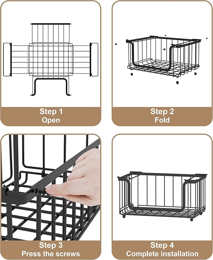 UMDONX 4 Pack Stackable Wire Baskets Storage Bins for Fruits, Vegetables, Potatoes & Onions | Pantry, Countertop, Laundry Organizer | Heavy Duty & Space Saving Black