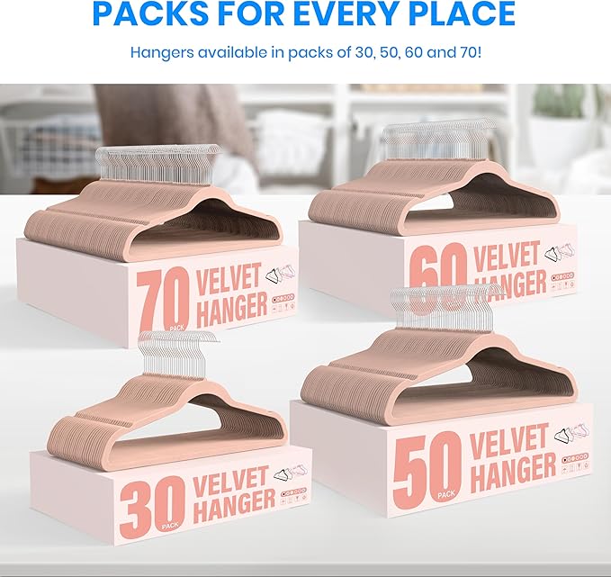 YSSOA Velvet Hangers 70 Pack, Non-Slip Clothes Hangers with Shoulder Notches, 360° Swivel Hooks, Heavy Duty Standard Hanger for Closet Space Saving, Pink