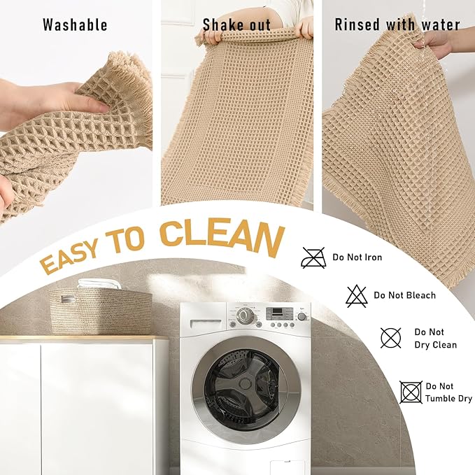 JIUZHEN Set of 2 Waffle Bath Mats Super Absorbent Bath Mat Non Slip Bathroom Rugs for Bathroom Floor Dry Fast Washable Boho Rugs for Beside Tub, 16" x 24" +20" x 32", Loop-Brown
