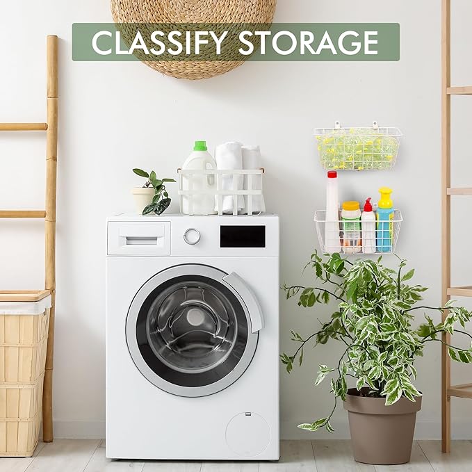 Wire Hanging Wall Basket, 2 White Baskets Set Adhesive Wall Mount Organizer for Pantry Kitchen RV Bathroom Cabinet Storage Organization