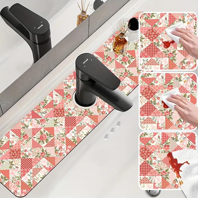 Sink Splash Guard Faucet Mat Roses and Butterflies Absorbent Fast Drying Mat Sink Gadgets Splash Guard Behind Faucet Drip Catcher for Kitchen Bathroom 23.5"X5.5"