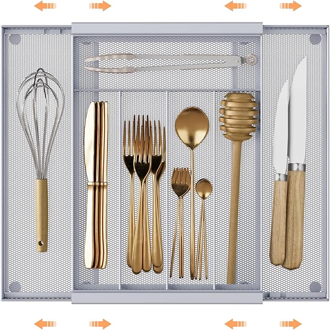 Silverware Organizer Metal Mesh, Drawer Organizer, Utensil Cutlery Tray Expandable Flatware Organizer with 7 Compartment Silver 9.6"~16.1" x 13.8"