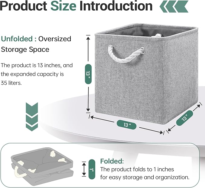 13x13 Inch Cube Storage Bins with Reinforced Bottom Cardboard, 6 Pack Large Foldable Fabric Storage Cubes with Handles for Shelf, Closet, Laundry Organization (Grey)