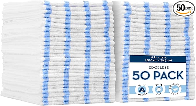 VIKING Bulk Edgeless Microfiber Cleaning Cloths, White and Blue Stripe, 50 Pack
