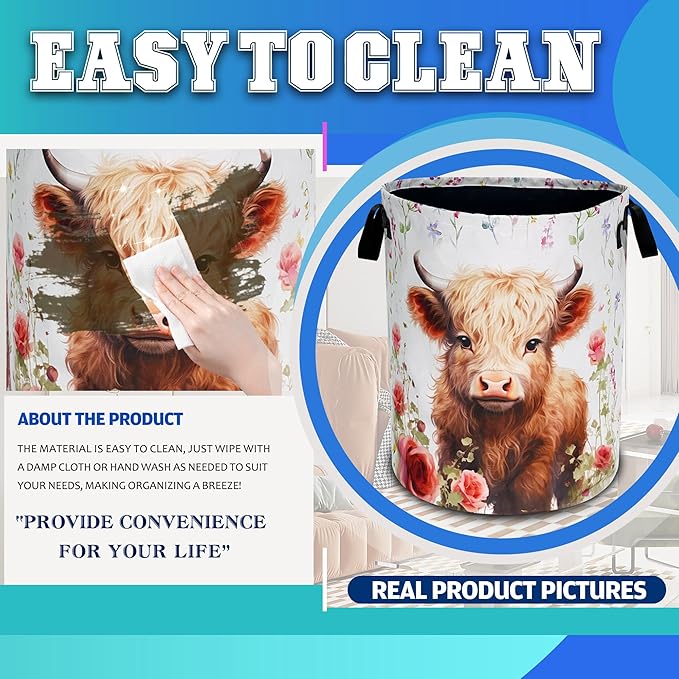 Cute Highland Cow Laundry Basket Oxford Cloth Animal Laundry Hamper With Handle Foldable Portable Clothes Storage Basket 18.9 X 16.5 Inch Storage Bag For Laundry Room/Bathroom/Bedroom/Dormitories
