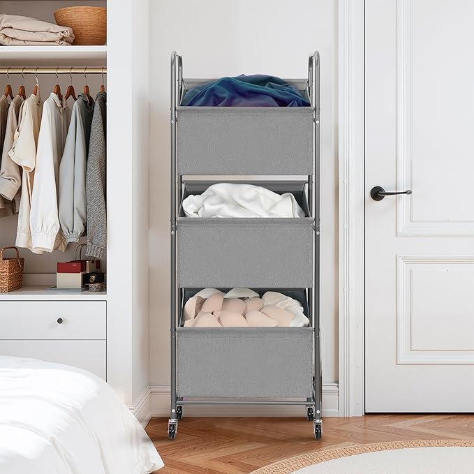 STO STO 3-Tier Vertical Rolling Laundry Hamper with Removable Bags, 120L Stackable Laundry Sorter Basket, Clothes Hamper with Wheels for Small Spaces, Closet, Bedroom, Bathroom, Laundry Room, Gray