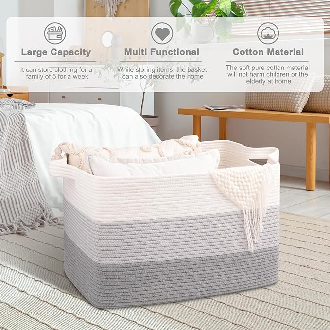 OIAHOMY Extra Large Blanket Basket, 95L Woven Storage Basket, Cotton Rope Toy Bin for Baby Room, Container for Storage in Living Room, 24''×17''×14'', Gradient Grey