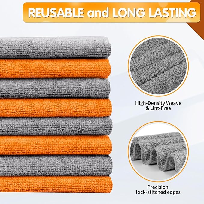 FIXSMITH Microfiber Cleaning Cloth -Pack of 50, Highly Absorbent Cleaning Rags(Grey&Orange), 16"X12" All Purpose Cleaning Towels for Housekeeping, Kitchen, Car, Reusable Microfiber Towels