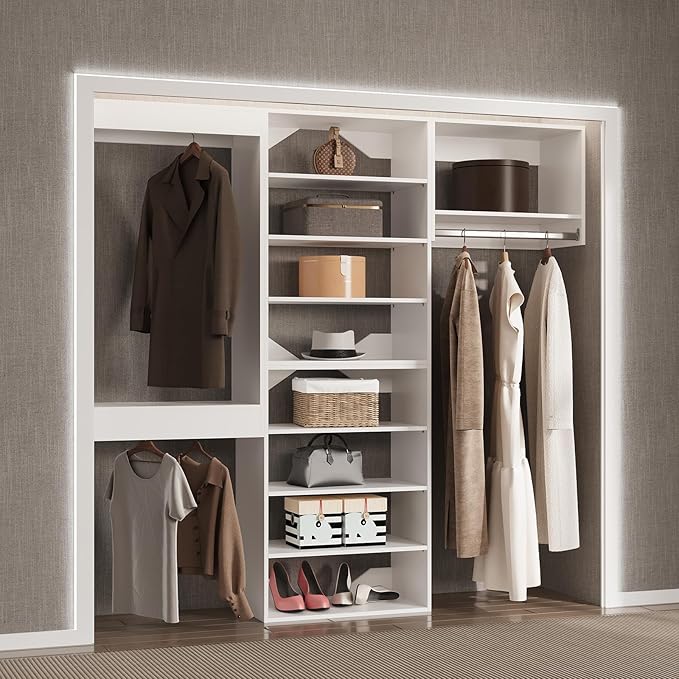 Modular Closet System, 90" Wide Closet Organizer System with Towers and Hanging, Wood Closet Tower Storage for Walk In Closets, Wall Mounted Wardrobe Organizer Kit System, Bedroom, White